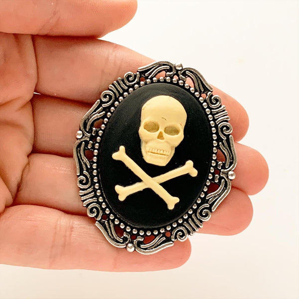 Skull Cameo Brooch Pirate Hat Pin Pirate Costume Skull and Crossbones Jolly Roger Renaissance Faire-Lydia's Vintage | Handmade Custom Cosplay, Renaissance Fair Inspired Style Necklaces, Earrings, Bracelets, Brooches, Rings
