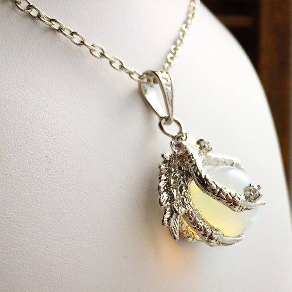 Dragon Claw Necklace / Silver Opalite Pendant Dragon Lover Gift Renaissance Faire Costume Accessories for Men Women Opal Talon Claw Pendant-Lydia's Vintage | Handmade Custom Cosplay, Renaissance Fair Inspired Style Necklaces, Earrings, Bracelets, Brooches, Rings