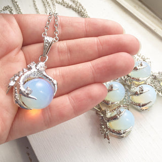 Dragon Claw Necklace / Silver Opalite Pendant Dragon Lover Gift Renaissance Faire Costume Accessories for Men Women Opal Talon Claw Pendant-Lydia's Vintage | Handmade Custom Cosplay, Renaissance Fair Inspired Style Necklaces, Earrings, Bracelets, Brooches, Rings