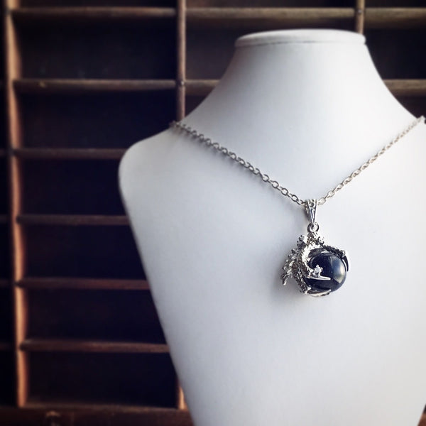 Dragon Claw Necklace / Silver Dragon Claw Pendant Blue Goldstone Blue Sand Dragon Claw Fantasy Renaissance Faire Boho Sparkly Glitter Orb-Lydia's Vintage | Handmade Custom Cosplay, Renaissance Fair Inspired Style Necklaces, Earrings, Bracelets, Brooches, Rings
