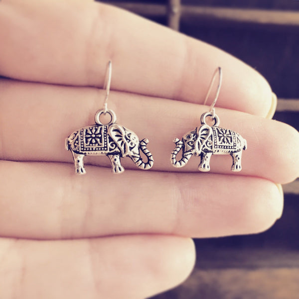 Elephant Earrings Silver Elephant Jewelry-Lydia's Vintage | Handmade Personalized Vintage Style Earrings and Ear Cuffs