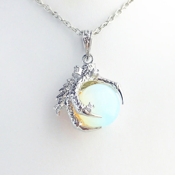 Dragon Claw Necklace / Silver Opalite Pendant Dragon Lover Gift Renaissance Faire Costume Accessories for Men Women Opal Talon Claw Pendant-Lydia's Vintage | Handmade Custom Cosplay, Renaissance Fair Inspired Style Necklaces, Earrings, Bracelets, Brooches, Rings