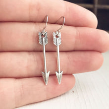 Load image into Gallery viewer, Silver Arrow Earrings / Small Everyday Simple Arrow Earrings Gift for Women Archery Lover Gift Bridesmaids Jewelry Silver Dangly Dangle Boho-Lydia&#39;s Vintage | Handmade Personalized Vintage Style Earrings and Ear Cuffs