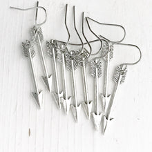 Load image into Gallery viewer, Silver Arrow Earrings / Small Everyday Simple Arrow Earrings Gift for Women Archery Lover Gift Bridesmaids Jewelry Silver Dangly Dangle Boho