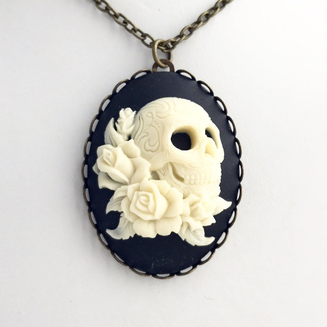 Skull Cameo Necklace Renaissance Faire Pirate Costume Day of the Dead Sugar Skull-Lydia's Vintage | Handmade Custom Cosplay, Renaissance Fair Inspired Style Necklaces, Earrings, Bracelets, Brooches, Rings
