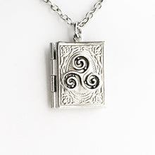 Load image into Gallery viewer, Triskelion Book Locket Necklace Celtic Jewelry Book Lover Gift