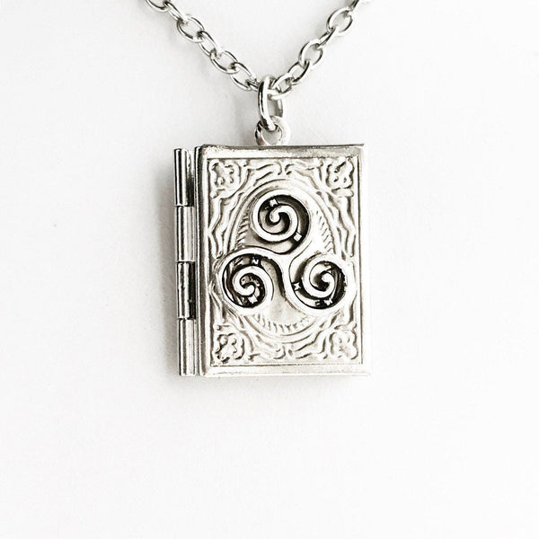 Triskelion Book Locket Necklace Celtic Jewelry Book Lover Gift-Lydia's Vintage | Handmade Personalized Vintage Style Necklaces, Lockets, Earrings, Bracelets, Brooches, Rings