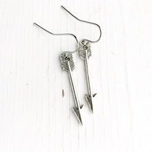 Load image into Gallery viewer, Silver Arrow Earrings / Small Everyday Simple Arrow Earrings Gift for Women Archery Lover Gift Bridesmaids Jewelry Silver Dangly Dangle Boho