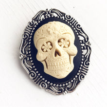 Load image into Gallery viewer, Sugar Skull Brooch Day of the Dead Dia de los Muertos Costume Skull Cameo