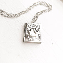 Load image into Gallery viewer, Paw Print Locket Necklace / Book Locket Silver Dog Paw Pendant Book Lover Gift New Pet Owner Print Photo Locket-Lydia&#39;s Vintage | Handmade Personalized Vintage Style Necklaces, Lockets, Earrings, Bracelets, Brooches, Rings