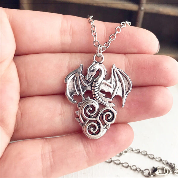 Dragon Necklace Triskelion Celtic Symbol Pendant Dragon Jewelry-Lydia's Vintage | Handmade Personalized Vintage Style Necklaces, Lockets, Earrings, Bracelets, Brooches, Rings