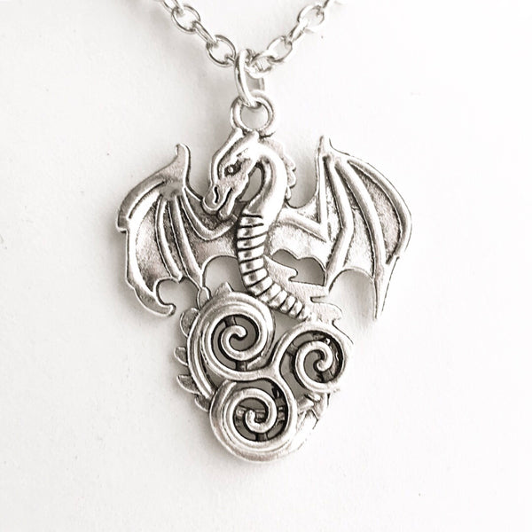 Dragon Necklace Triskelion Celtic Symbol Pendant Dragon Jewelry-Lydia's Vintage | Handmade Personalized Vintage Style Necklaces, Lockets, Earrings, Bracelets, Brooches, Rings