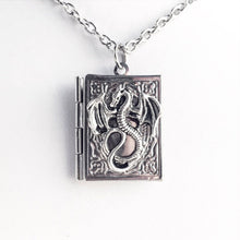 Load image into Gallery viewer, Dragon Book Locket Necklace Dragon Jewelry Fantasy Dragonlance Book Lover Gift