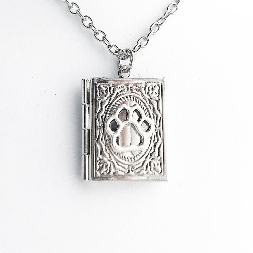 Paw Print Locket Necklace / Book Locket Silver Dog Paw Pendant Book Lover Gift New Pet Owner Print Photo Locket