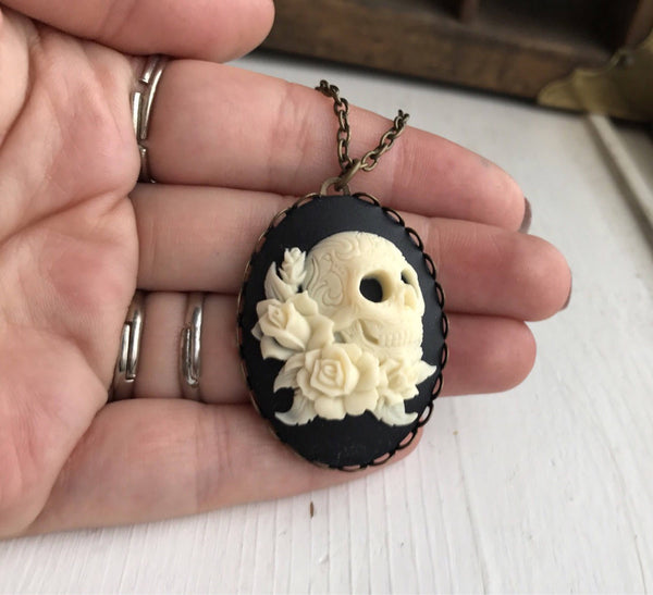 Skull Cameo Necklace Renaissance Faire Pirate Costume Day of the Dead Sugar Skull-Lydia's Vintage | Handmade Custom Cosplay, Renaissance Fair Inspired Style Necklaces, Earrings, Bracelets, Brooches, Rings