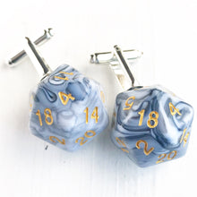 Load image into Gallery viewer, Black and White Swirl D20 Cufflinks D&amp;D Geeky Wedding Dungeons and Dragons