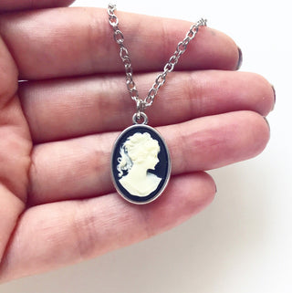 Cameo Necklace / Classic Lady Profile Cameo Pendant Charm Silver Vintage Style Cameo Black and White Gift for Woman Women Jewelry Bridesmaid-Lydia's Vintage | Handmade Personalized Vintage Style Necklaces, Lockets, Earrings, Bracelets, Brooches, Rings