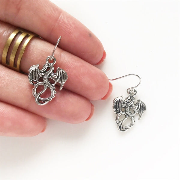 Dragon Earrings Silver Dragon Jewelry Renaissance Faire-Lydia's Vintage | Handmade Custom Cosplay, Renaissance Fair Inspired Style Necklaces, Earrings, Bracelets, Brooches, Rings