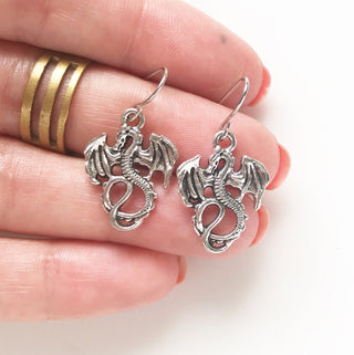 Silver Dragon Earrings Small Dangly Dragon Earrings-Lydia's Vintage | Handmade Personalized Vintage Style Earrings and Ear Cuffs