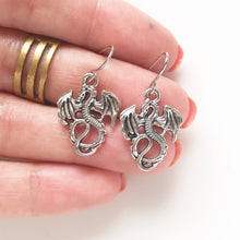 Load image into Gallery viewer, Dragon Earrings Silver Dragon Jewelry Renaissance Faire-Lydia&#39;s Vintage | Handmade Custom Cosplay, Renaissance Fair Inspired Style Necklaces, Earrings, Bracelets, Brooches, Rings
