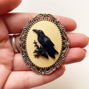 Raven Cameo Brooch Crow Jewelry