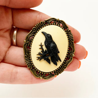 Raven Cameo Brooch Crow Halloween Jewelry Pirate Hat Pin Renaissance Faire Costume Edgar Allan Poe Gift-Lydia's Vintage | Handmade Custom Cosplay, Renaissance Fair Inspired Style Necklaces, Earrings, Bracelets, Brooches, Rings