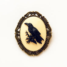 Load image into Gallery viewer, Raven Cameo Brooch Crow Halloween Jewelry Pirate Hat Pin Renaissance Faire Costume Edgar Allan Poe Gift