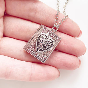 Heart Book Locket Necklace Silver Heart Locket Gift for Her Photo Locket-Lydia's Vintage | Handmade Personalized Vintage Style Necklaces, Lockets, Earrings, Bracelets, Brooches, Rings