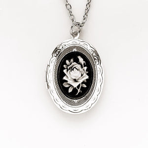Rose Locket Cameo Necklace / Silver Keepsake Photo Pendant Victorian Lover Gift Vintage Style Bridesmaids Wedding Gift for Mom for Her