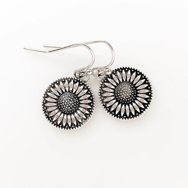 Silver Sunflower Earrings Sunflower Jewelry Flower Dangle Earrings Gift for Women-Lydia's Vintage | Handmade Personalized Vintage Style Earrings and Ear Cuffs