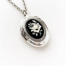 Load image into Gallery viewer, Rose Locket Cameo Necklace / Silver Keepsake Photo Pendant Victorian Lover Gift Vintage Style Bridesmaids Wedding Gift for Mom for Her