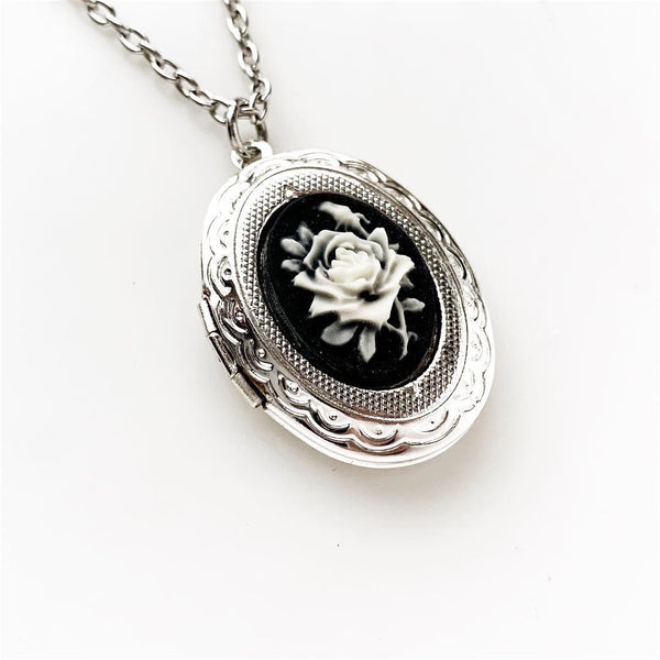 Rose Locket Cameo Necklace / Silver Keepsake Photo Pendant Victorian Lover Gift Vintage Style Bridesmaids Wedding Gift for Mom for Her-Lydia's Vintage | Handmade Personalized Vintage Style Necklaces, Lockets, Earrings, Bracelets, Brooches, Rings