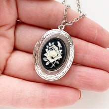 Load image into Gallery viewer, Rose Locket Cameo Necklace / Silver Keepsake Photo Pendant Victorian Lover Gift Vintage Style Bridesmaids Wedding Gift for Mom for Her