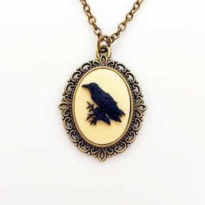 Raven Cameo Necklace Bird Jewelry Gothic Crow Necklace Edgar Allan Poe-Lydia's Vintage | Handmade Personalized Vintage Style Necklaces, Lockets, Earrings, Bracelets, Brooches, Rings