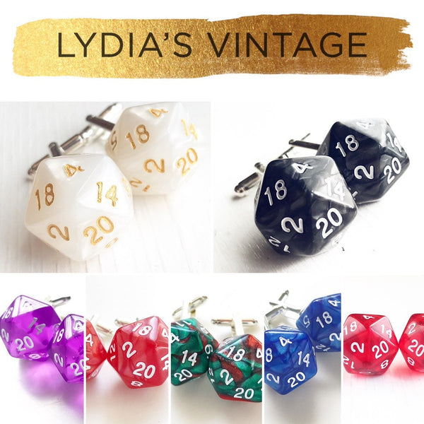 D20 Cufflinks Dungeons and Dragons Geek Wedding D&D Cuff Links Nerd Nerdy Groom Groomsmen Dungeon Master Gift for Men Polyhedral Dice-Lydia's Vintage | Handmade Personalized Cufflinks and Tie Tacks
