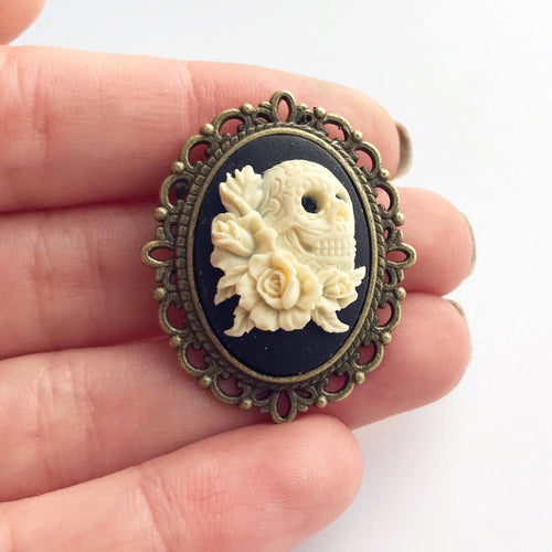 Skull Cameo Brooch Pirate Hat Pin Sugar Skull Day of the Dead-Lydia's Vintage | Handmade Custom Cosplay, Pirate Inspired Style Necklaces, Earrings, Bracelets, Brooches, Rings