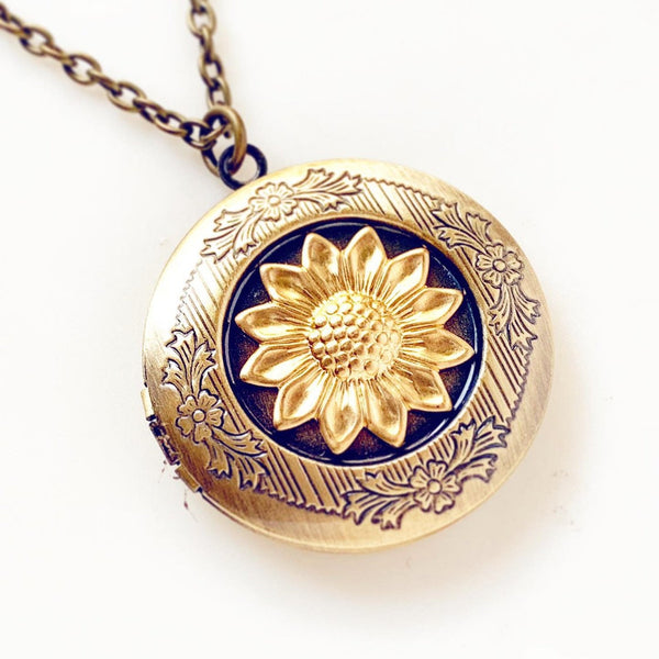 Sunflower Necklace Locket Floral Flower Jewelry Photo Locket Keepsake Gift for Women-Lydia's Vintage | Handmade Personalized Vintage Style Necklaces, Lockets, Earrings, Bracelets, Brooches, Rings