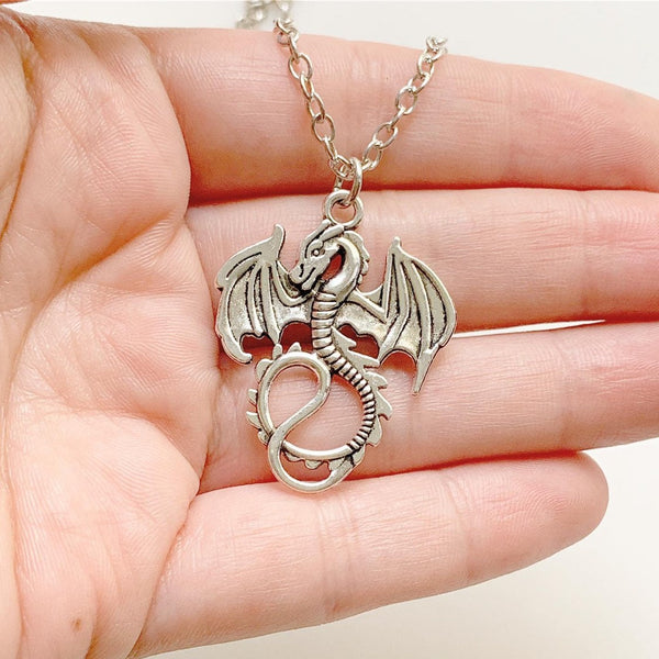 Dragon Necklace Silver Dragon Pendant Renaissance Faire Jewelry-Lydia's Vintage | Handmade Custom Cosplay, Renaissance Fair Inspired Style Necklaces, Earrings, Bracelets, Brooches, Rings