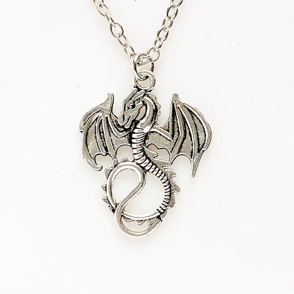 Dragon Necklace Silver Dragon Pendant Renaissance Faire Jewelry-Lydia's Vintage | Handmade Custom Cosplay, Renaissance Fair Inspired Style Necklaces, Earrings, Bracelets, Brooches, Rings