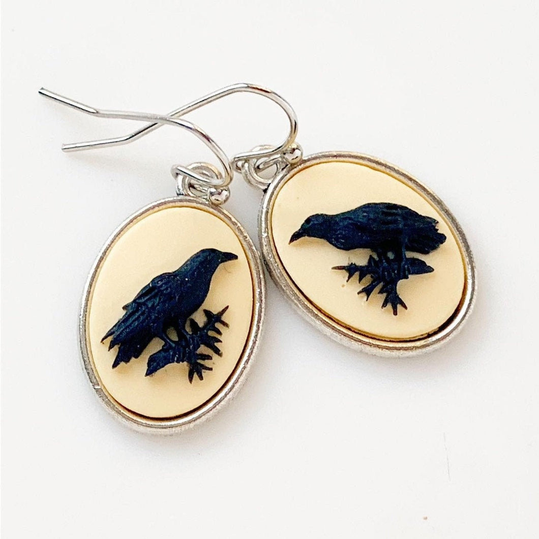Raven Earrings Raven Crow Jewelry Gothic Cameo Earrings Edgar Allan Poe-Lydia's Vintage | Handmade Personalized Vintage Style Earrings and Ear Cuffs