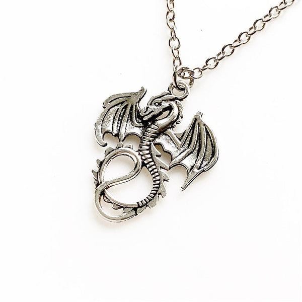 Dragon Necklace Silver Dragon Pendant Renaissance Faire Jewelry-Lydia's Vintage | Handmade Custom Cosplay, Renaissance Fair Inspired Style Necklaces, Earrings, Bracelets, Brooches, Rings