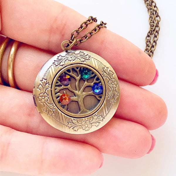 Birthstone Locket Necklace Gift for Mom Mothers Family Tree Personalized Jewelry-Lydia's Vintage | Handmade Personalized Vintage Style Necklaces, Lockets, Earrings, Bracelets, Brooches, Rings