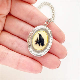 Raven Locket Necklace Crow Pendant Raven Cameo Jewelry-Lydia's Vintage | Handmade Personalized Vintage Style Necklaces, Lockets, Earrings, Bracelets, Brooches, Rings