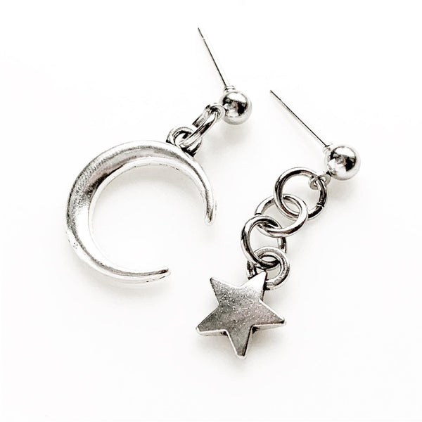 Mismatched Moon and Star Earrings Silver Dangly Stud Earrings-Lydia's Vintage | Handmade Personalized Vintage Style Earrings and Ear Cuffs