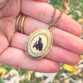 Raven Cameo Locket Necklace Crow Jewelry-Lydia's Vintage | Handmade Personalized Vintage Style Necklaces, Lockets, Earrings, Bracelets, Brooches, Rings