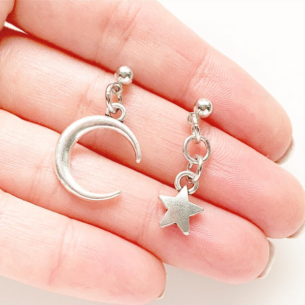 Mismatched Moon and Star Earrings Silver Dangly Stud Earrings-Lydia's Vintage | Handmade Personalized Vintage Style Earrings and Ear Cuffs