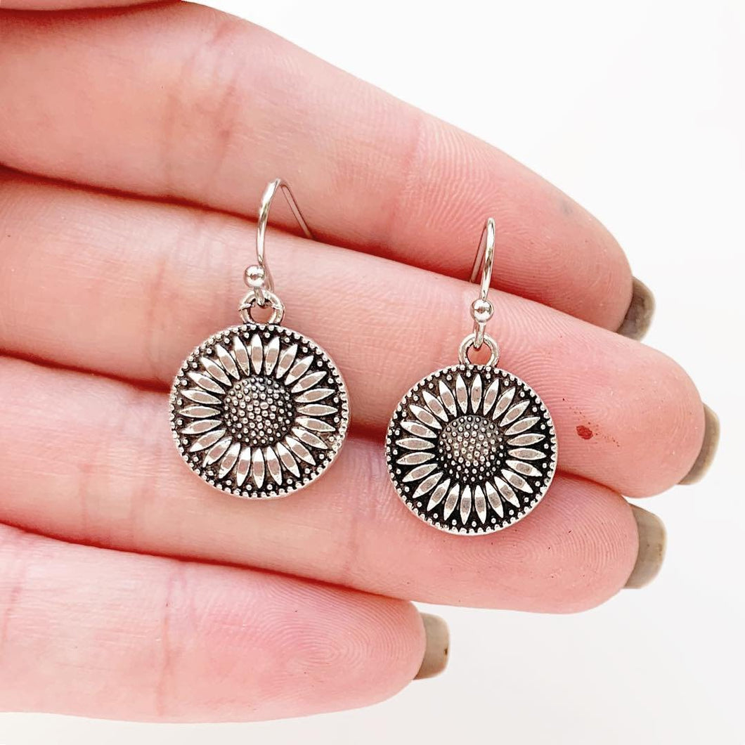 Silver Sunflower Earrings Sunflower Jewelry Flower Dangle Earrings Gift for Women