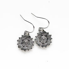 Load image into Gallery viewer, Silver Sunflower Earrings Gift for Her Dangly Sunflowers-Lydia&#39;s Vintage | Handmade Personalized Vintage Style Earrings and Ear Cuffs