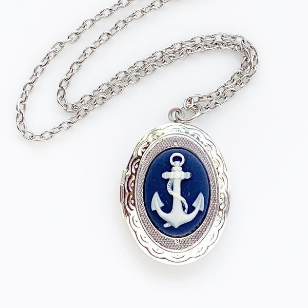 Anchor Cameo Locket Necklace Photo Locket Cameo Jewelry Navy Locket-Lydia's Vintage | Handmade Personalized Vintage Style Necklaces, Lockets, Earrings, Bracelets, Brooches, Rings