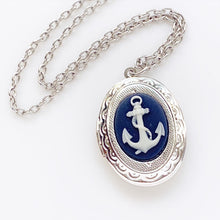 Load image into Gallery viewer, Anchor Cameo Locket Necklace Photo Locket Cameo Jewelry Navy Locket